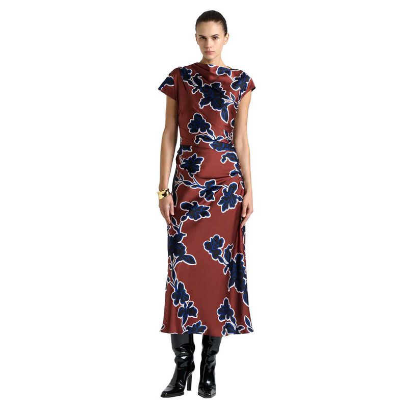 Cue Rosewood Illustrated Floral Satin Midi Dress image number 0